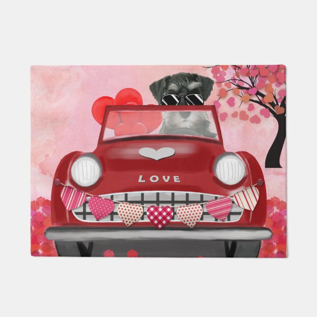 Schnauzer Dog Car with Hearts Valentine's  Doormat (Front)