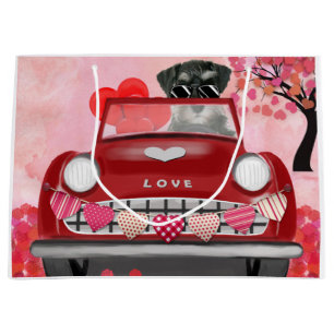 Schnauzer Dog Car with Hearts Valentine's Large Gift Bag