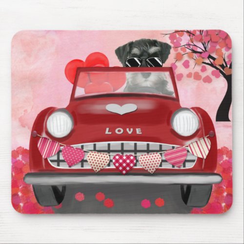 Schnauzer Dog Car with Hearts Valentines  Mouse Pad