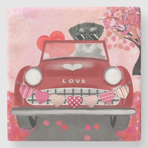 Schnauzer Dog Car with Hearts Valentines  Stone Coaster