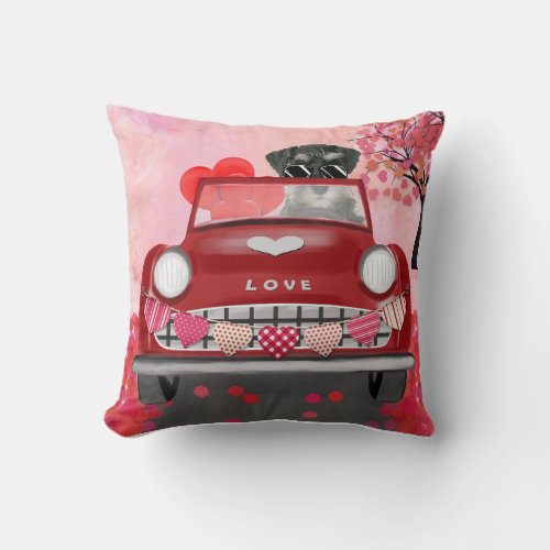 Schnauzer Dog Car with Hearts Valentines Throw Pillow