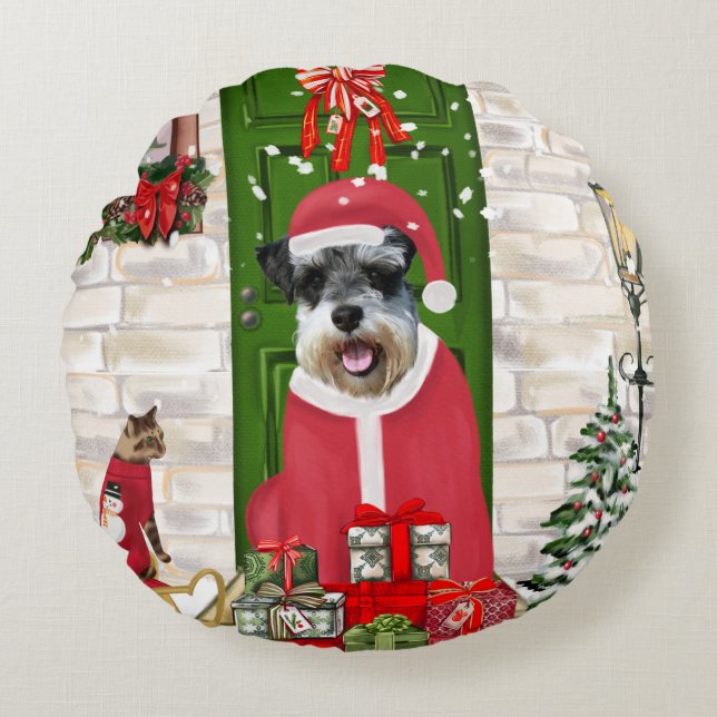 Schnauzer Dog Christmas  Round Pillow (Front)