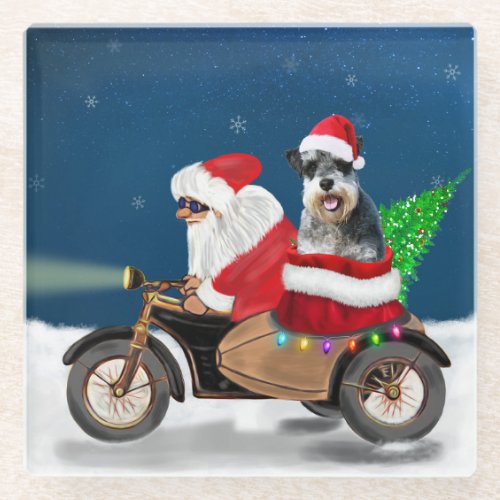 Schnauzer Dog Christmas Santa Claus  Glass Coaster