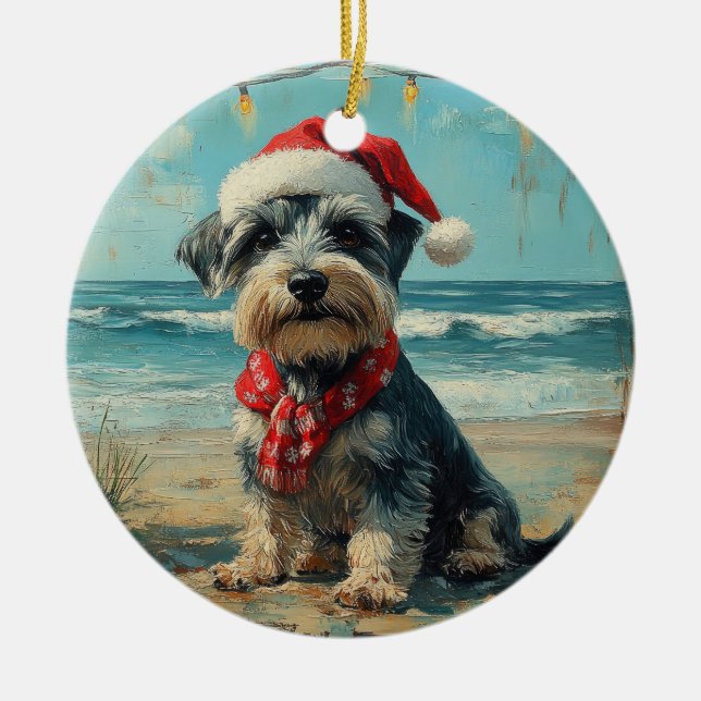 Schnauzer Dog Christmas Vintage Beach Ceramic Ornament (Front)
