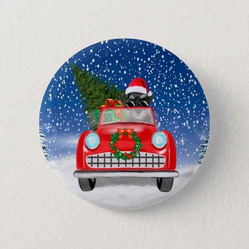 Schnauzer Dog Driving Car In Snow Christmas  Button