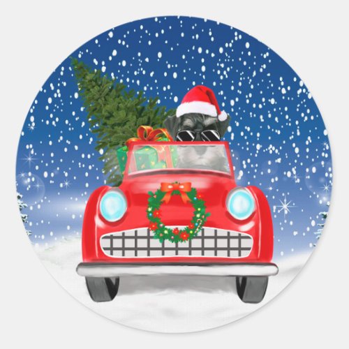 Schnauzer Dog Driving Car In Snow Christmas Classic Round Sticker