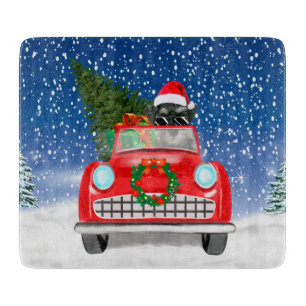 Schnauzer Dog Driving Car In Snow Christmas Cutting Board