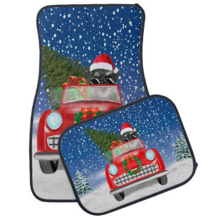 Schnauzer Dog Driving Car In Snow Christmas Floor Mat