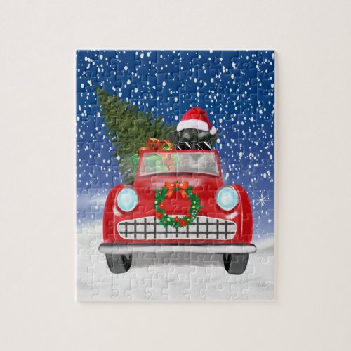 Schnauzer Dog Driving Car In Snow Christmas Jigsaw Puzzle