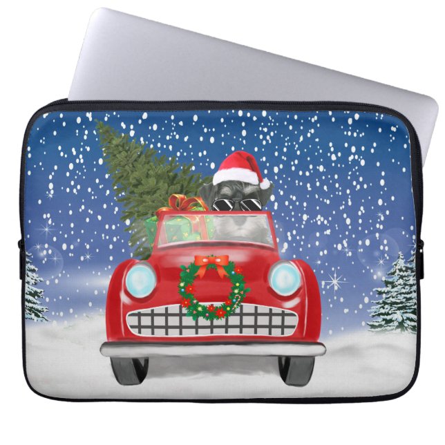 Schnauzer Dog Driving Car In Snow Christmas Laptop Sleeve (Front)