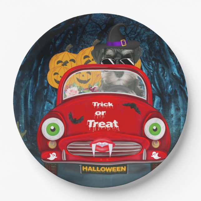 schnauzer Dog Driving Car Scary Halloween  Paper Plates (Front)