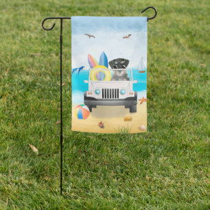  schnauzer dog Driving on Beach  Garden Flag