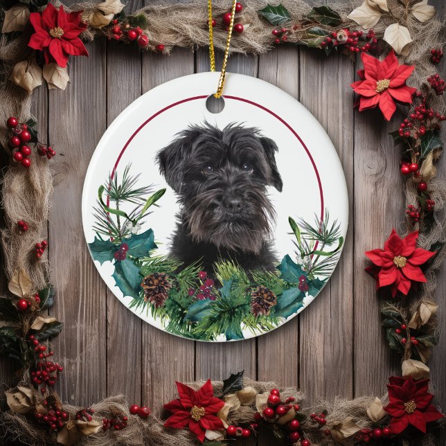 Schnauzer Dog Evergreen Berry Wreath Ceramic Ornament (Creator Uploaded)