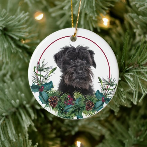 Schnauzer Dog Evergreen Berry Wreath Ceramic Ornament