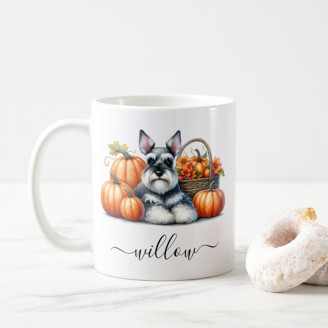 Schnauzer Dog Fall Mug with Personalized Name (With Donut)