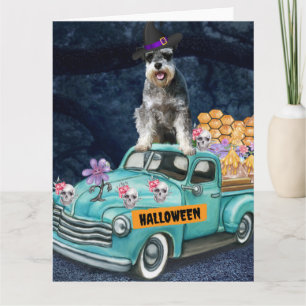 Schnauzer Dog Halloween Truck Scary Night Card