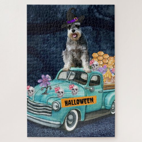 Schnauzer Dog Halloween Truck Scary Night  Jigsaw Puzzle