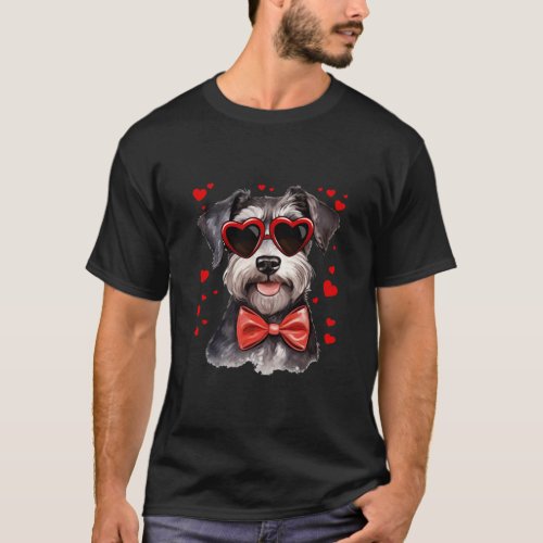 Schnauzer Dog Hearts Sunglasses Bow Tie Valentines T_Shirt