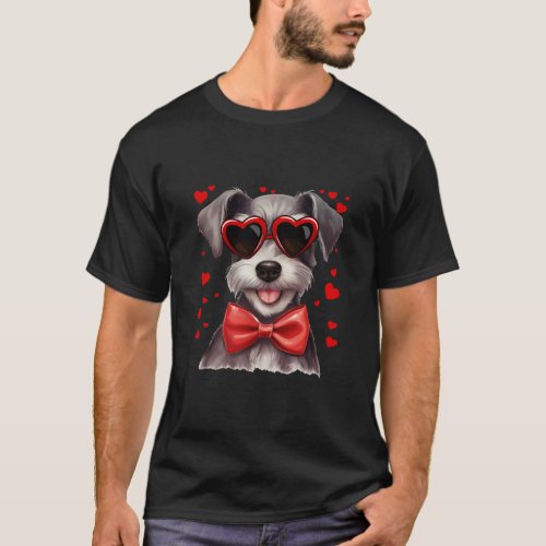 Schnauzer Dog Hearts Sunglasses Bow Tie Valentines T_Shirt