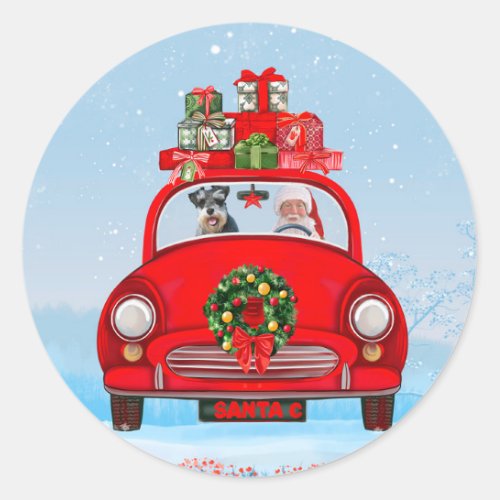schnauzer Dog In Car With Santa Claus  Classic Round Sticker