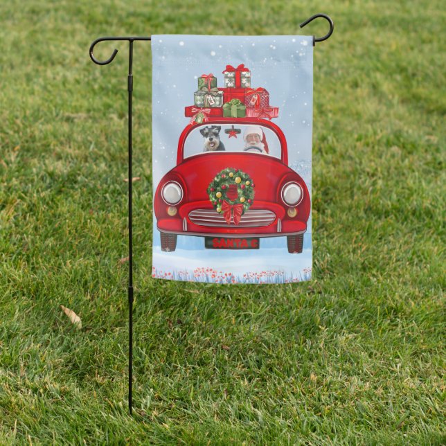 schnauzer Dog In Car With Santa Claus  Garden Flag (In SItu)