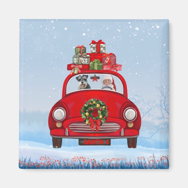 schnauzer Dog In Car With Santa Claus  Magnet (Front)