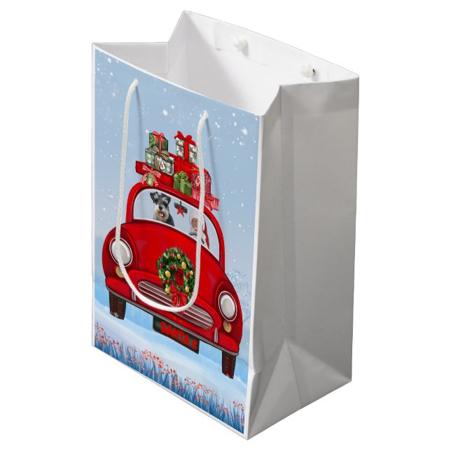 schnauzer Dog In Car With Santa Claus Medium Gift Bag (Front Angled)