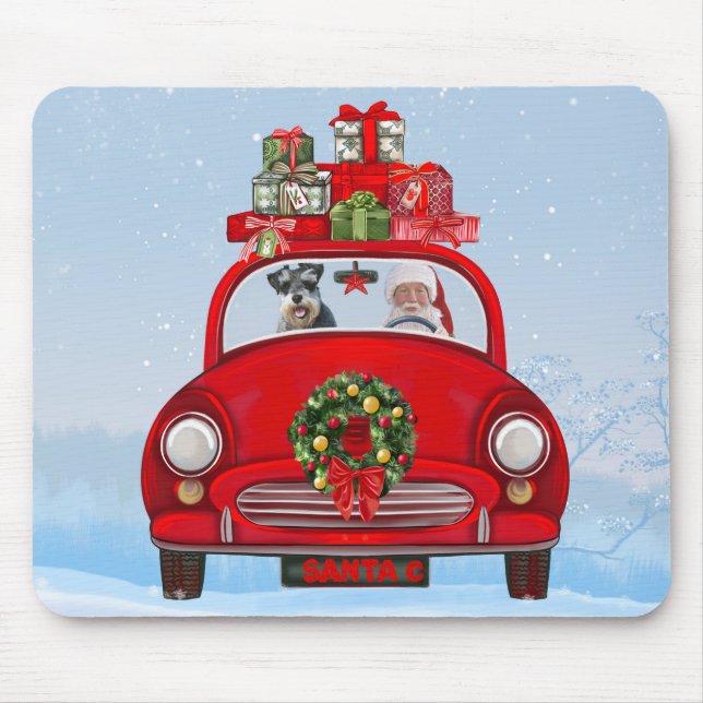 schnauzer Dog In Car With Santa Claus Mouse Pad (Front)
