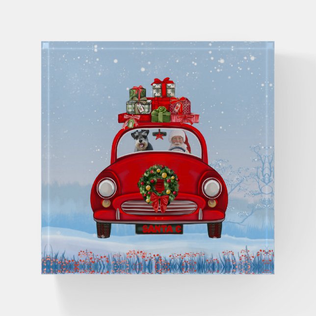 schnauzer Dog In Car With Santa Claus Paperweight (Front)