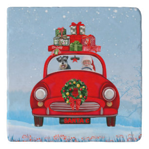schnauzer Dog In Car With Santa Claus Trivet