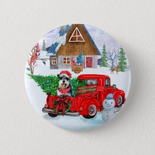 Schnauzer Dog In Christmas Delivery Truck Snow Button