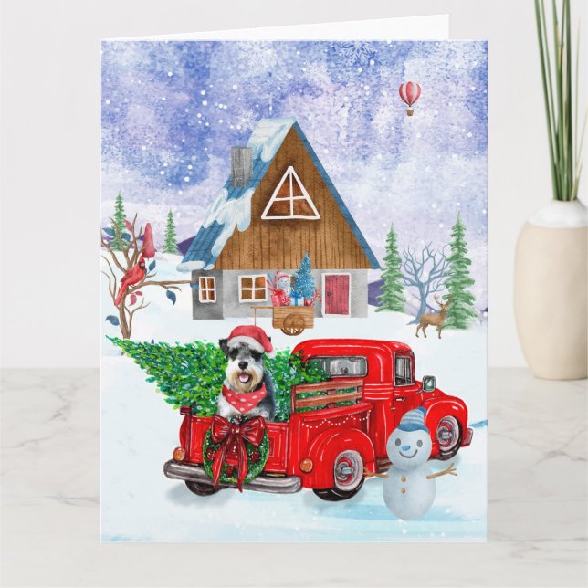 Schnauzer Dog In Christmas Delivery Truck Snow  Card (Front)