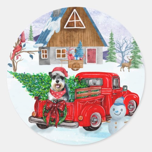 Schnauzer Dog In Christmas Delivery Truck Snow Classic Round Sticker