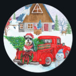 Schnauzer Dog In Christmas Delivery Truck Snow Classic Round Sticker<br><div class="desc">Christmas tree going through snow is a perfect gift idea which any dog lover will love. If you love or own this dog breed then it will be great gift for your self to show your love for your pet.</div>
