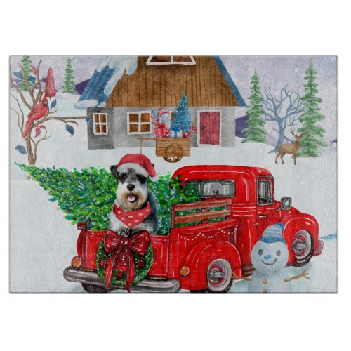 Schnauzer Dog In Christmas Delivery Truck Snow Cutting Board