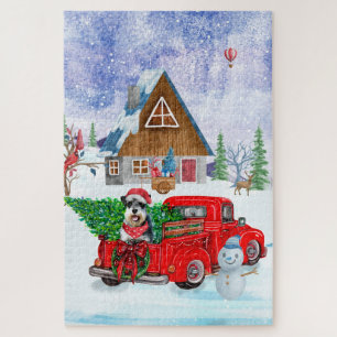Schnauzer Dog In Christmas Delivery Truck Snow Jigsaw Puzzle
