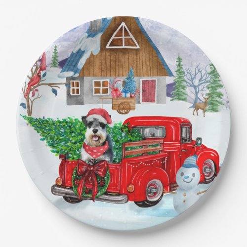 Schnauzer Dog In Christmas Delivery Truck Snow  Paper Plates
