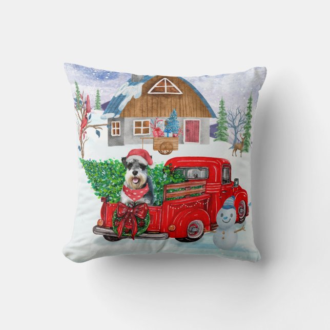 Schnauzer Dog In Christmas Delivery Truck Snow Throw Pillow (Front)