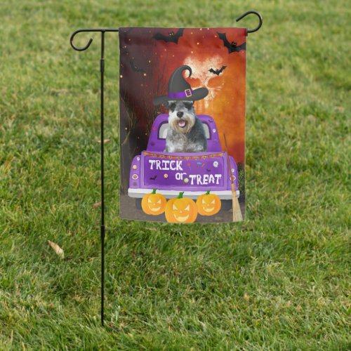 schnauzer Dog in Halloween Truck Garden Flag