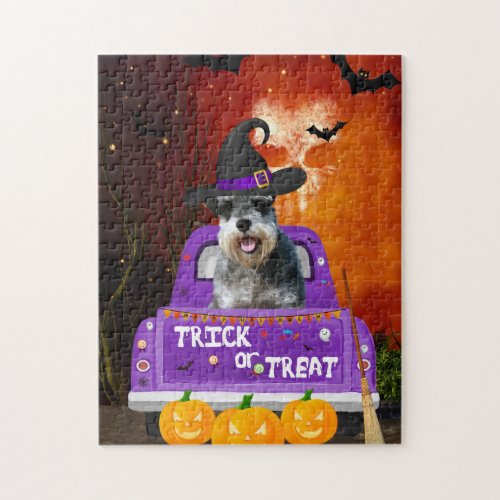 schnauzer Dog in Halloween Truck Jigsaw Puzzle