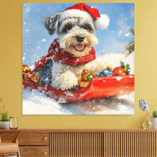Schnauzer Dog in Sledge Let it Snow Christmas Canvas Print