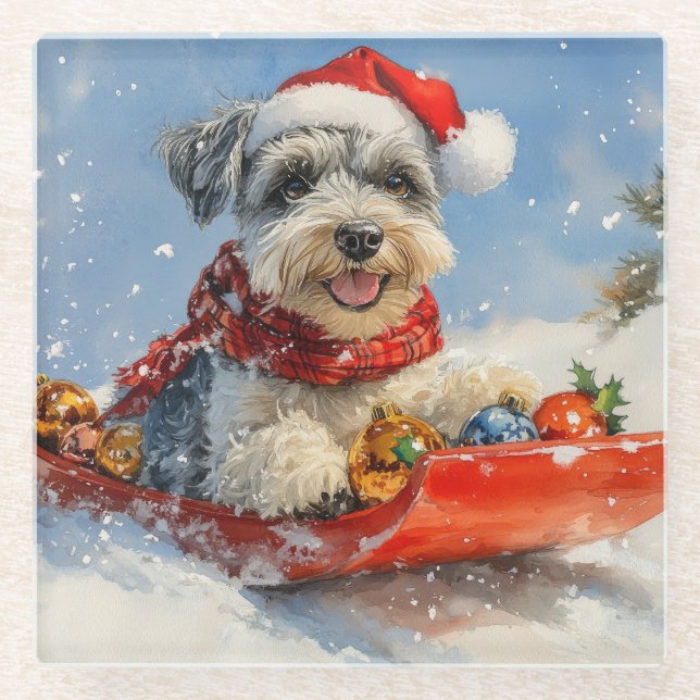 Schnauzer Dog in Sledge Let it Snow Christmas Glass Coaster (Front)