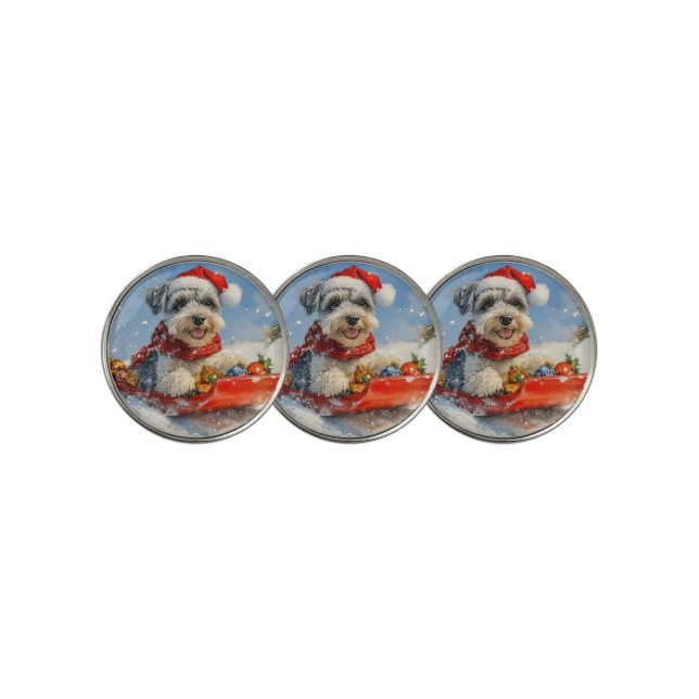 Schnauzer Dog in Sledge Let it Snow Christmas Golf Ball Marker (3 Up)