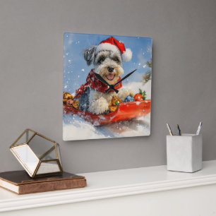 Schnauzer Dog in Sledge Let it Snow Christmas Square Wall Clock