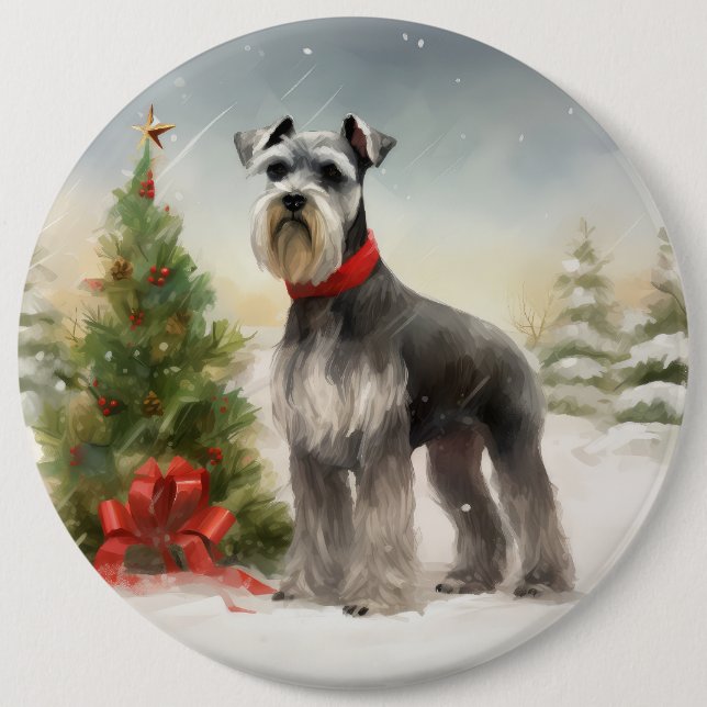 Schnauzer Dog in Snow Christmas Button (Front)