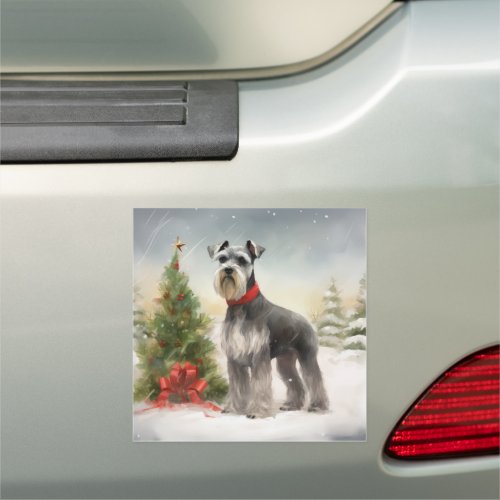 Schnauzer Dog in Snow Christmas Car Magnet