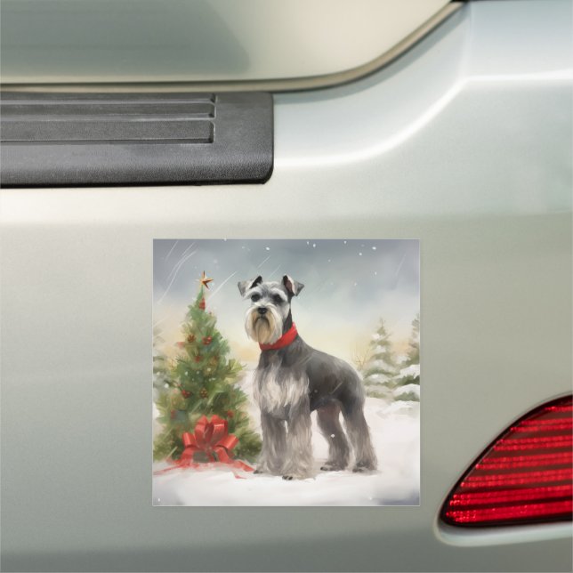 Schnauzer Dog in Snow Christmas Car Magnet (In Situ)