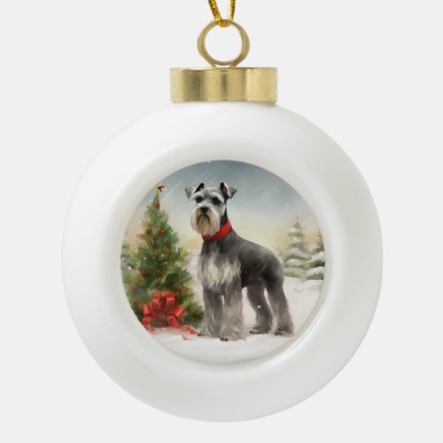 Schnauzer Dog in Snow Christmas Ceramic Ball Christmas Ornament