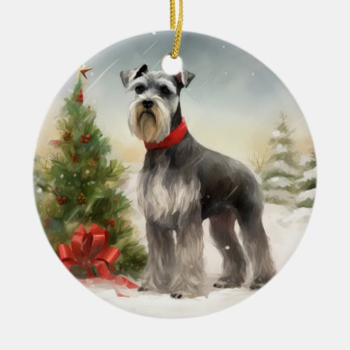 Schnauzer Dog in Snow Christmas Ceramic Ornament