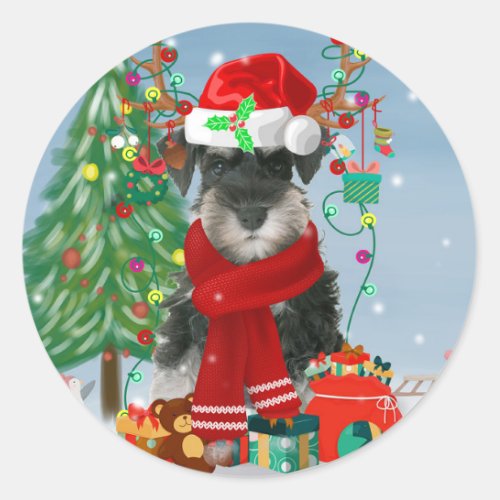 Schnauzer Dog in Snow Christmas Classic Round Sticker